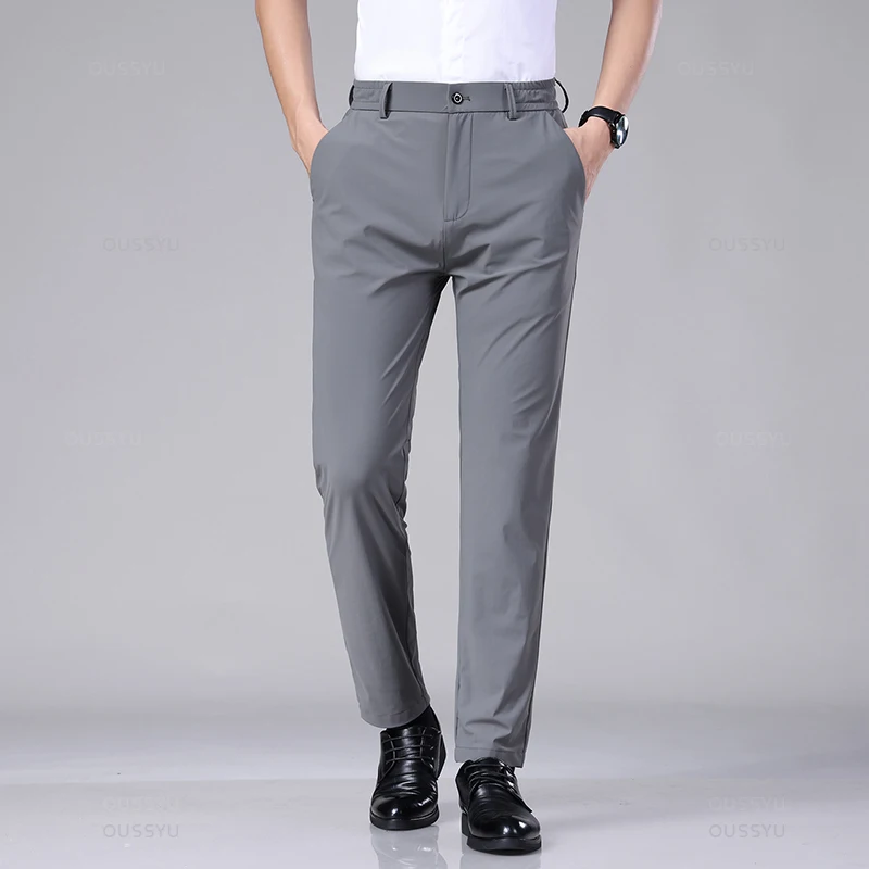 Spring Summer Men's Casual Pants Business Stretch Slim Fit Elastic Waist Jogger Korean Classic Thin Black Gray Trousers Male 2