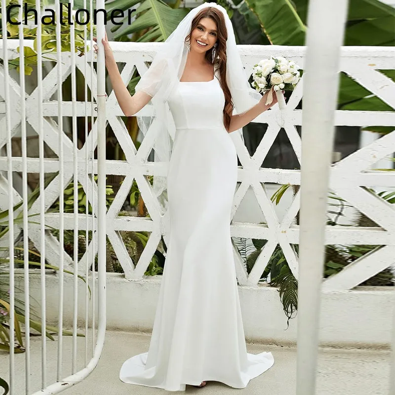 

Challoner Mermiad Satin Wedding Dresses For Women Square Neck Vestido De Novia Simple White Court Train Custom Made Bride Gowns
