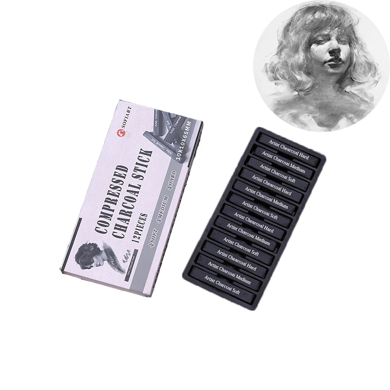 12 Pcs/box Sketch Carbon Pen Soft And Medium Hard Square Graphite Rod Art Students Painting And Coloring Advanced Charcoal Bar