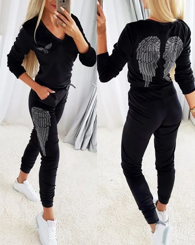Women's Pants Set Autumn Winter 2023 New Rhinestone Angel Wings Pattern Long Sleeved Top & Casual Drawstring Cuffed Pants Set 2023 autumn rhinestone angel wings pattern v neck tops and drawstring cuffed pants set for women daily commuting