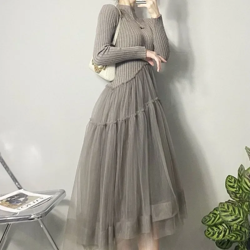 

Soft Sweater Stitching Knitted Gauze Dress Women Autumn Long Sleeve Sweater Dress for Women Slim Waist Long Vestidos