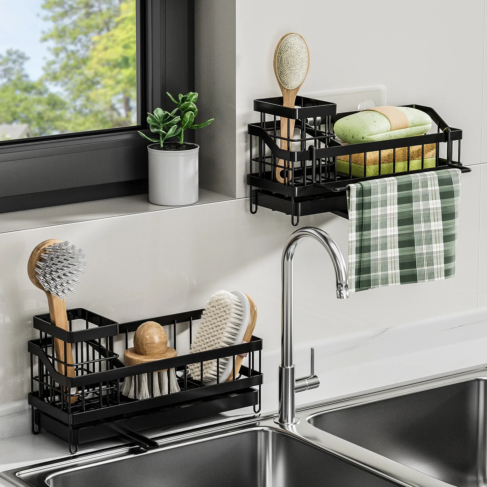 1pc Kitchen Sink Sponge Drain Rack Sponge Towel Brush Cleaner Storage Wall mouted style Countertop style Black 3