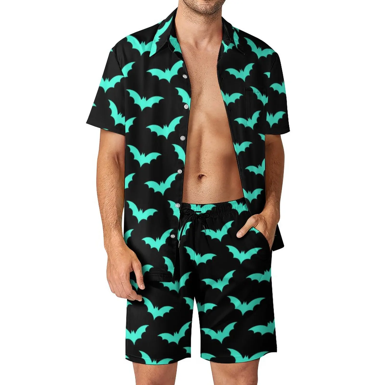 

Spooky Halloween Print Men Sets Turquoise Bats Casual Shorts Vacation Shirt Set Summer Vintage Suit Short Sleeve Oversized