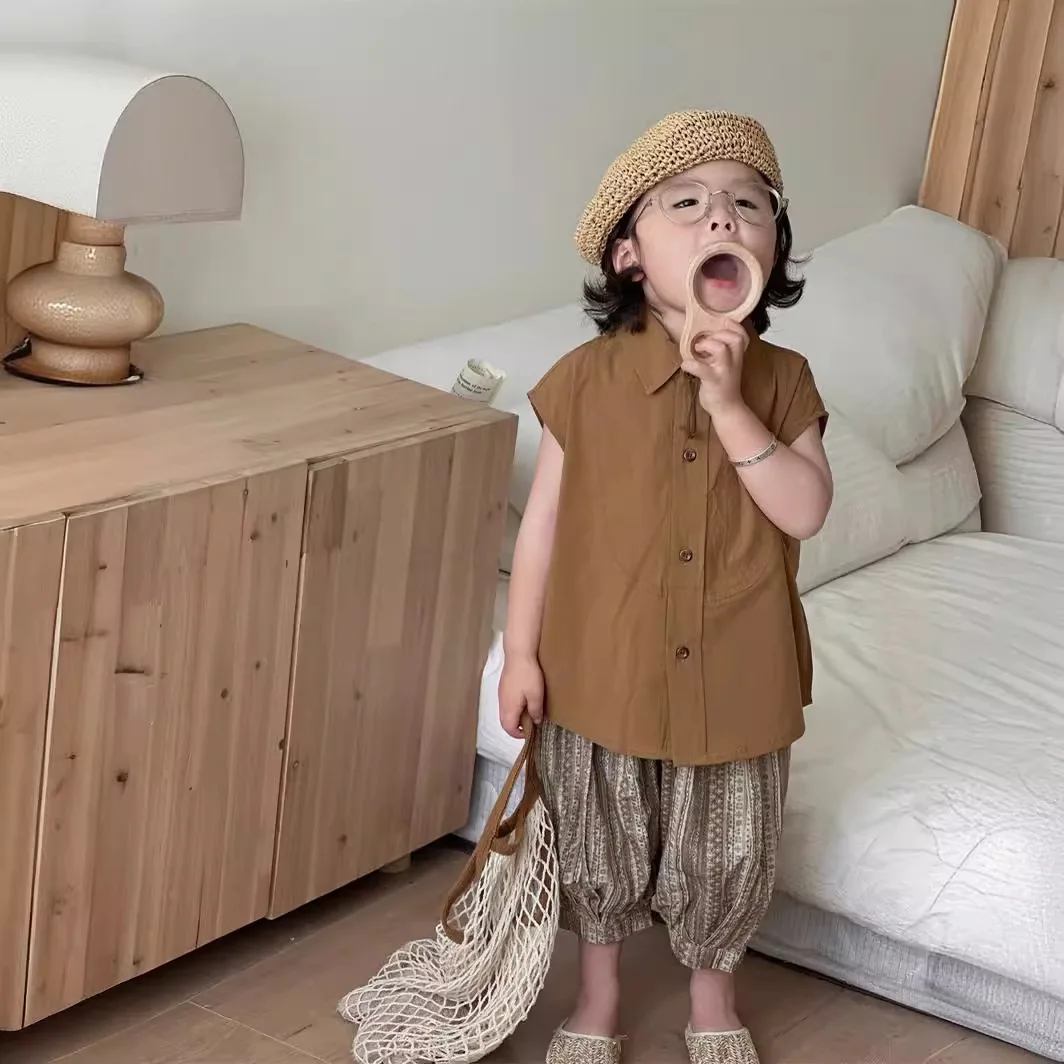 

Children Clothing Solid Color Casual Loose Comfortable Sleeveless Shirt 2024 Summer New Boy Korean Style Fashion Cotton Shirt
