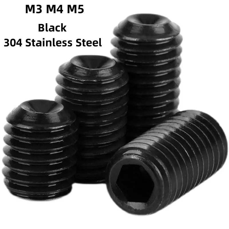 

20pcs M3 M4 M5 Tightening Screw Black Hex Hexagon Socket Set Screw Headless Tight Top Bolt 304 Stainless Steel Length 3~12mm