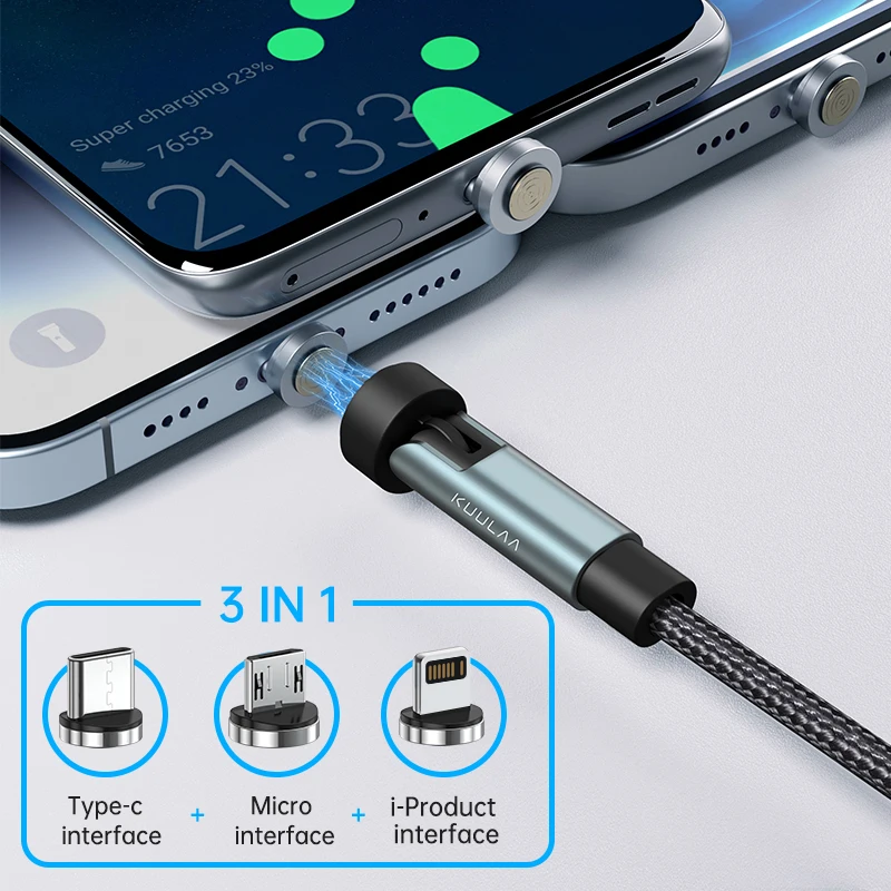 KUULAA 3-in-1 Magnetic Rotating Fast Charging Cable with Micro USB & Type C Connectors