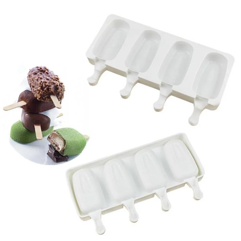 

4 Hole Silicone Ice Cream Forms Popsicle Molds DIY Homemade Dessert Freezer Fruit Juice Ice Pop Cube Maker Mould With Sticks