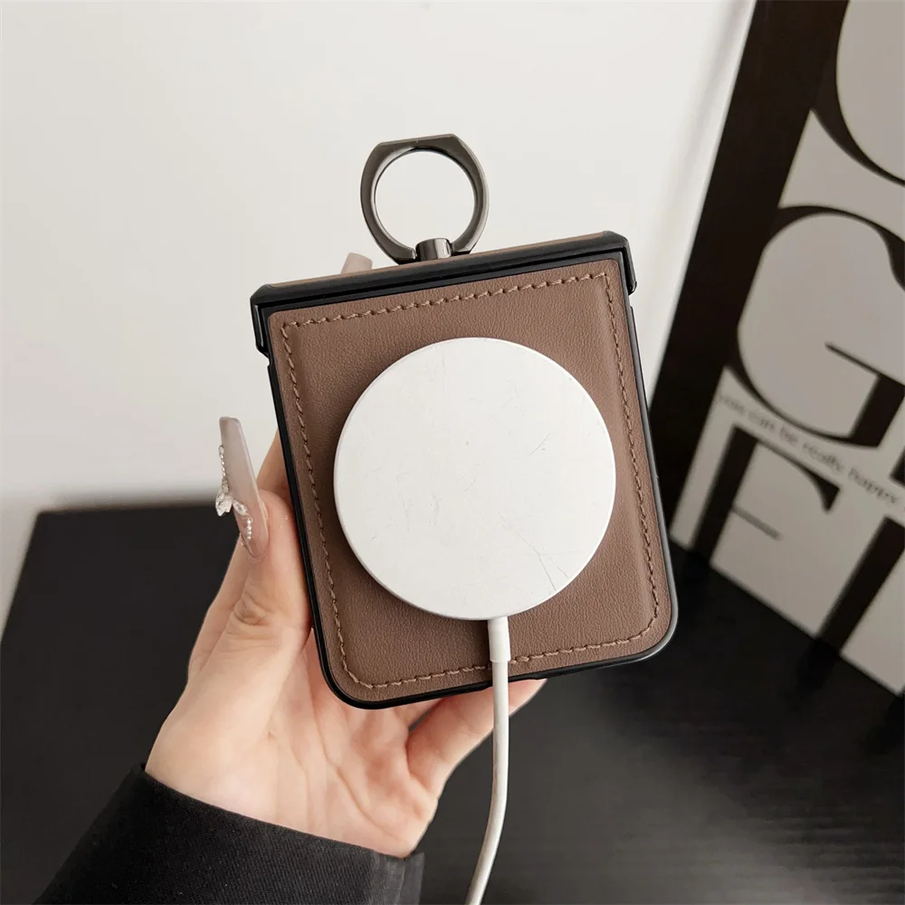 Enhanced Leather Magnetic Ring Holder Phone Case with Stand - Shockproof Cover for Samsung Z Flip Series