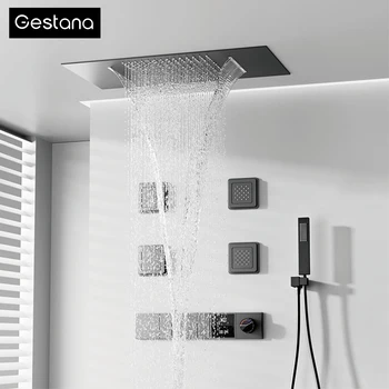 Sistema doccia a soffitto a parete grigio pistola in ottone, miscelatore doccia termostatico antiscottatura con display digitale a LED con spruzzo posteriore 1