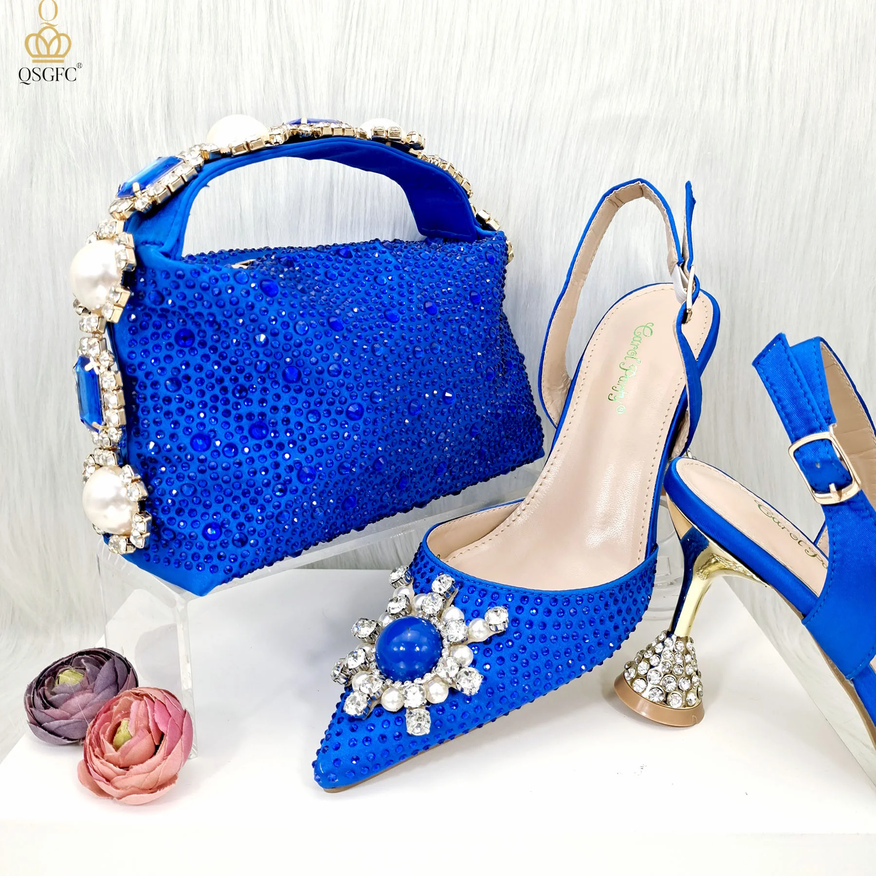 

QSGFC 2023 Italian Design Blue Women's Fashion Rhinestone Pearl Point Toe Stiletto Heels Sandals Women's Shoes & Bag Set