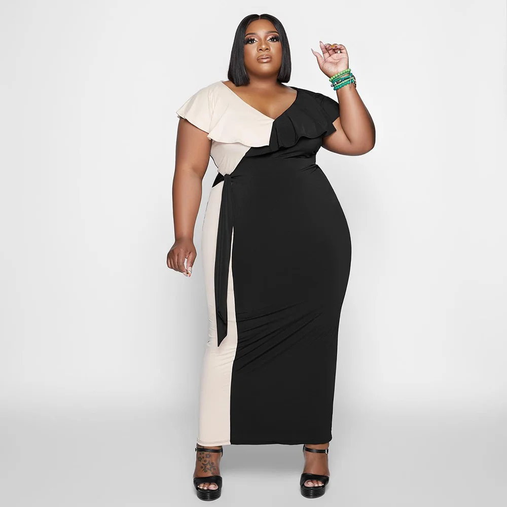 

Plus Size Fashionable New Women's Casual Ruffle Collar Color Contrast Sleeveless Lace Dress V-Neck Wrapped Hip Slim Fit Dress