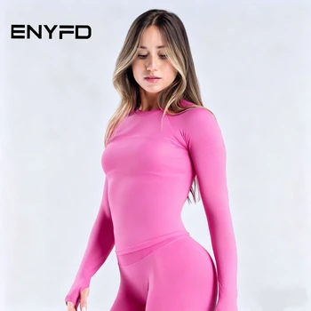 ENYFD Women's Seamless Long Sleeve Top - Compression Slim Fit Yoga Gym Shirt, High Stretch Breathable Workout Athletic Tee 1