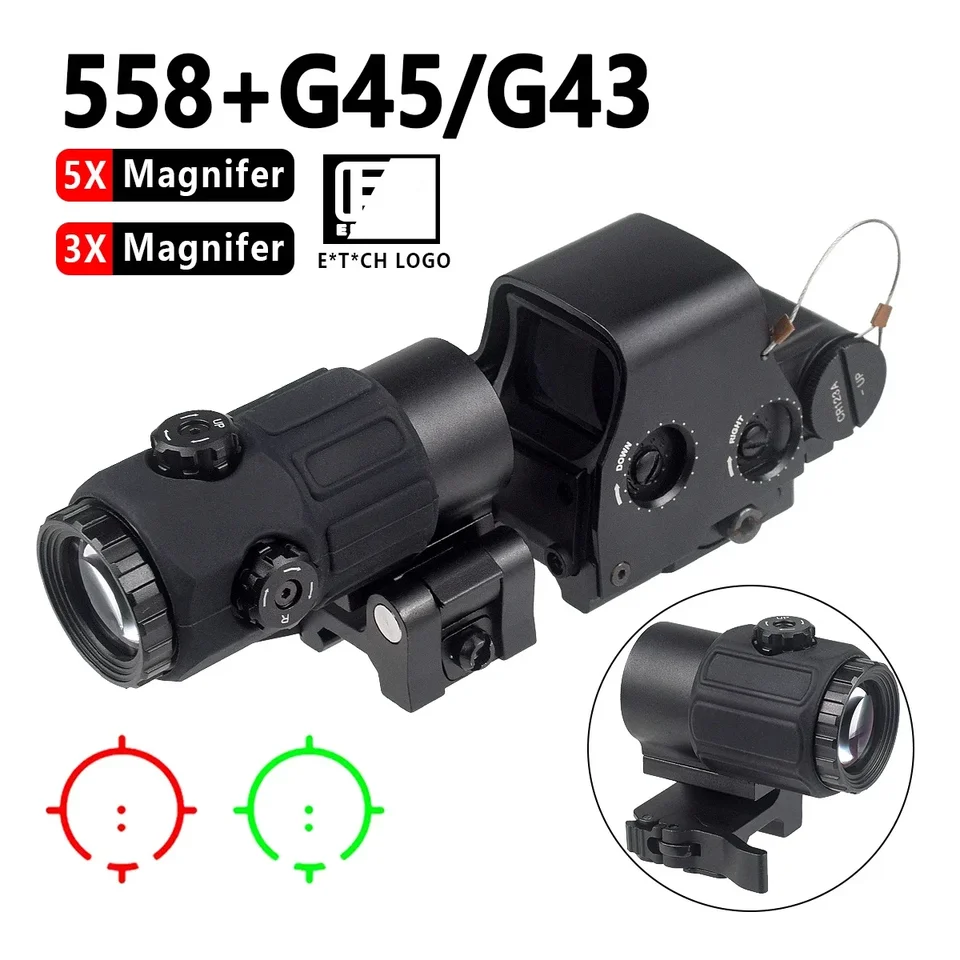558 G45 Holographic Red/Green Dot Sight & 5X Magnifier Combo - Quick Release Mount, 10 Brightness Levels