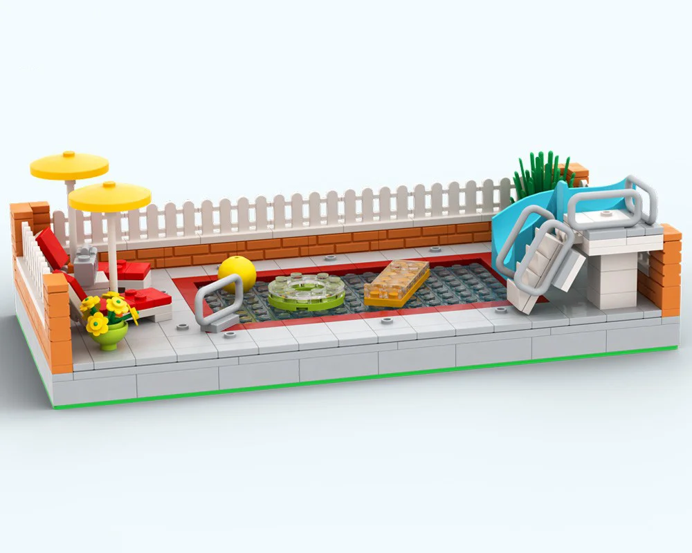 385Pcs MOC 뒷마당 수영장 워터 슬라이드 플레이 세트 모델 빌딩 블록 DIY 조립 벽돌 장난감 어린이를위한 크리스마스 생일 선물