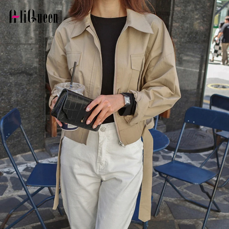 

2023 Autumn Women Loose Lace Up Streetwear Coat Zipper Outerwear Short Jacket Female Pockets Casual Crop Tops Jackets