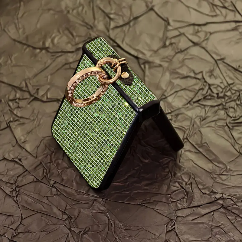 Sparkling Grid Pattern Phone Case with Fashion Faux Diamond Ring Buckle - Hard Shell Design