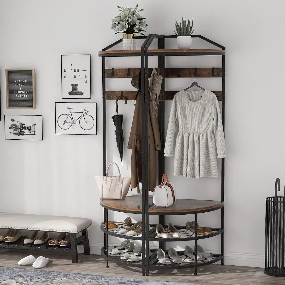 Corner Hall Tree with Shoe Bench Entryway Coat Rack with 10 Metal Movable Hooks Freestanding Clothes Rack Shoes Shelf Org