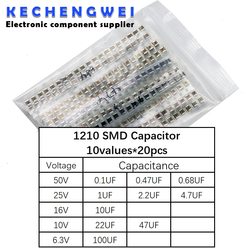 

1210 SMD Capacitor assorted kit ,10values*20pcs=200pcs 100nF~100uF Samples Kit electronic diy kit