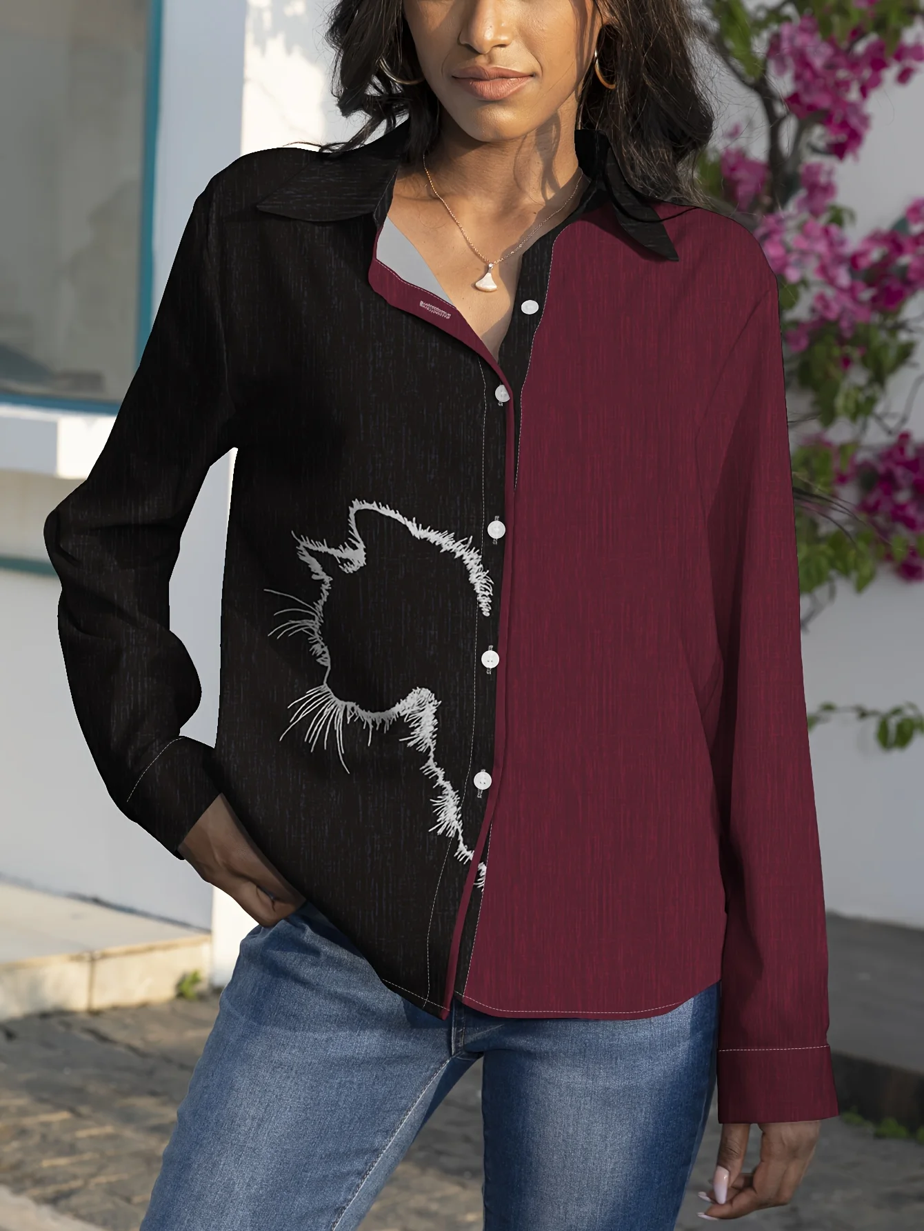 2024 Women's Shirt Blouse Black and red cute cat print, temperament Long Sleeve Casual Fashion Daily Shirt Fall & Winter Tops