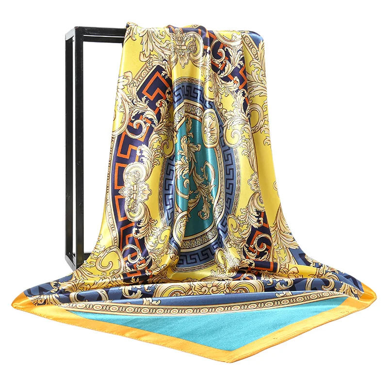 90X90CM New Print Warm Kerchief Luxury Brand Satin Finish Scarves Fashion The Four Seasons Hijab Popular Design Women Silk Scarf 2