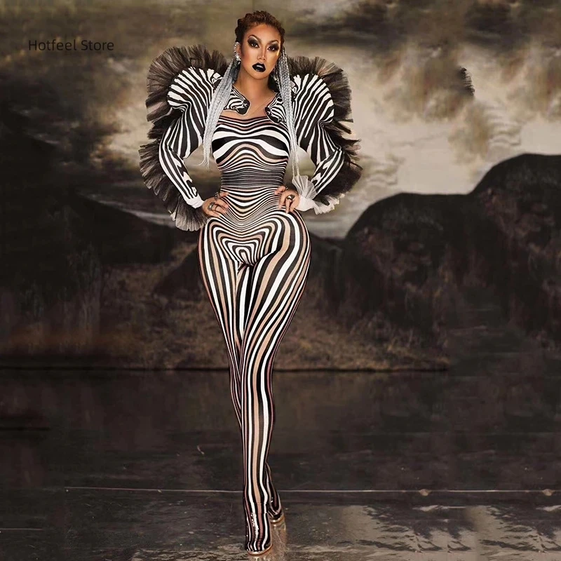 

Performance Show Costume New Fashion Zebra Pattern Jumpsuit Women Singer Sexy Stage Outfit Bar DS Dance Cosplay Bodysuit