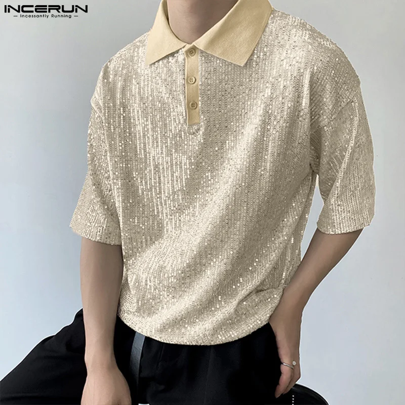 INCERUN Tops 2023 Korean Style New Men's Lapel Sequin Blouse Fashion Casual Male Party Hot Sale Short Sleeve Button Shirts S-5XL