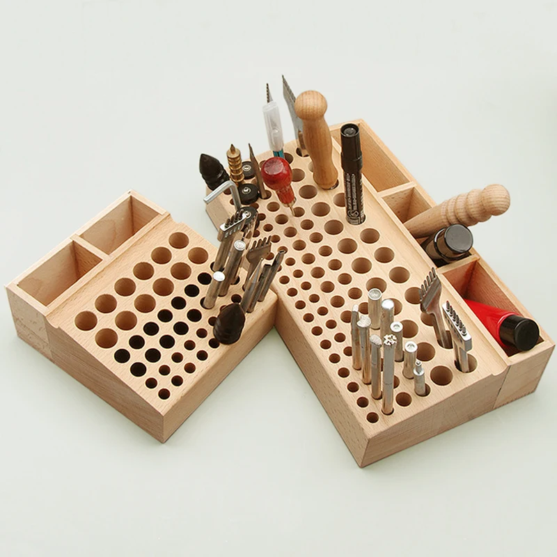 

24/46/68/76/98 Holes Wooden Leathercraft Rack Stand DIY Carving Punching Tools Holder Organizer Storing Leather Tool Storage Box