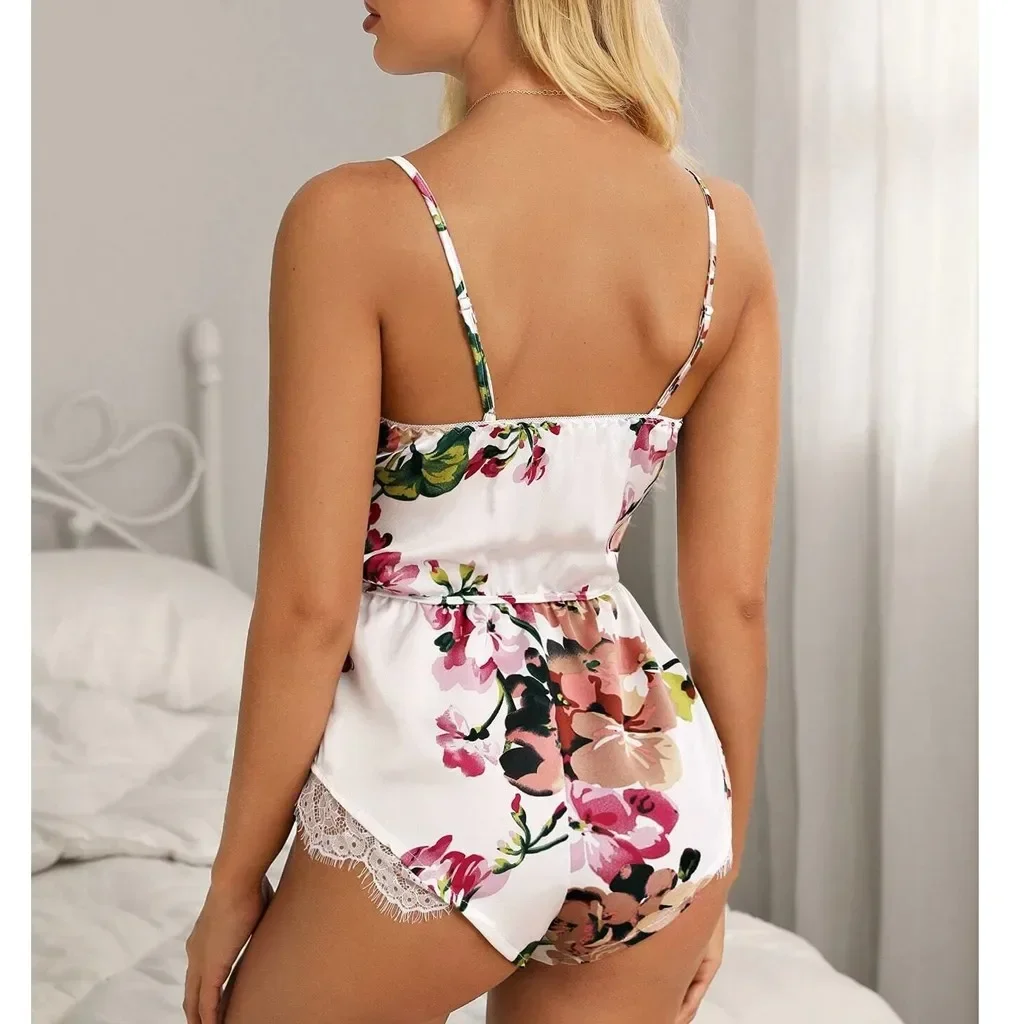 Fashion And Sexy Women'S Strap Printed One Piece Pajamas Bodysuit Jumpsuit Lace Lingerie Silk Underwear Sleepwear