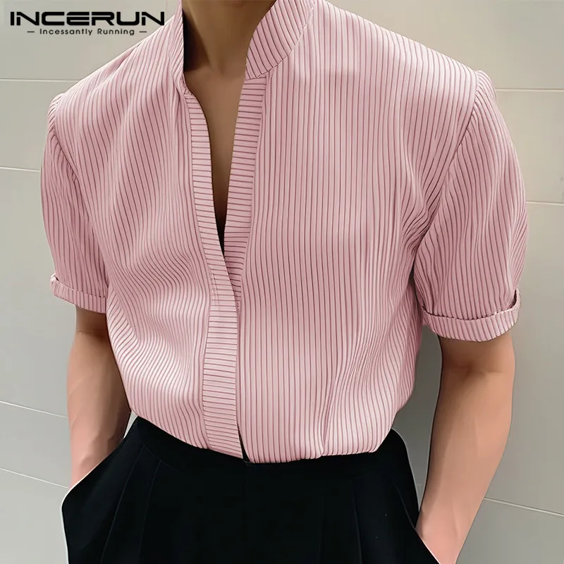 INCERUN Tops 2024 Korean Style New Men's Striped Stand Neck Design Shirts Leisure Streetwear Hot Sale Short Sleeved Blouse S-5XL 3