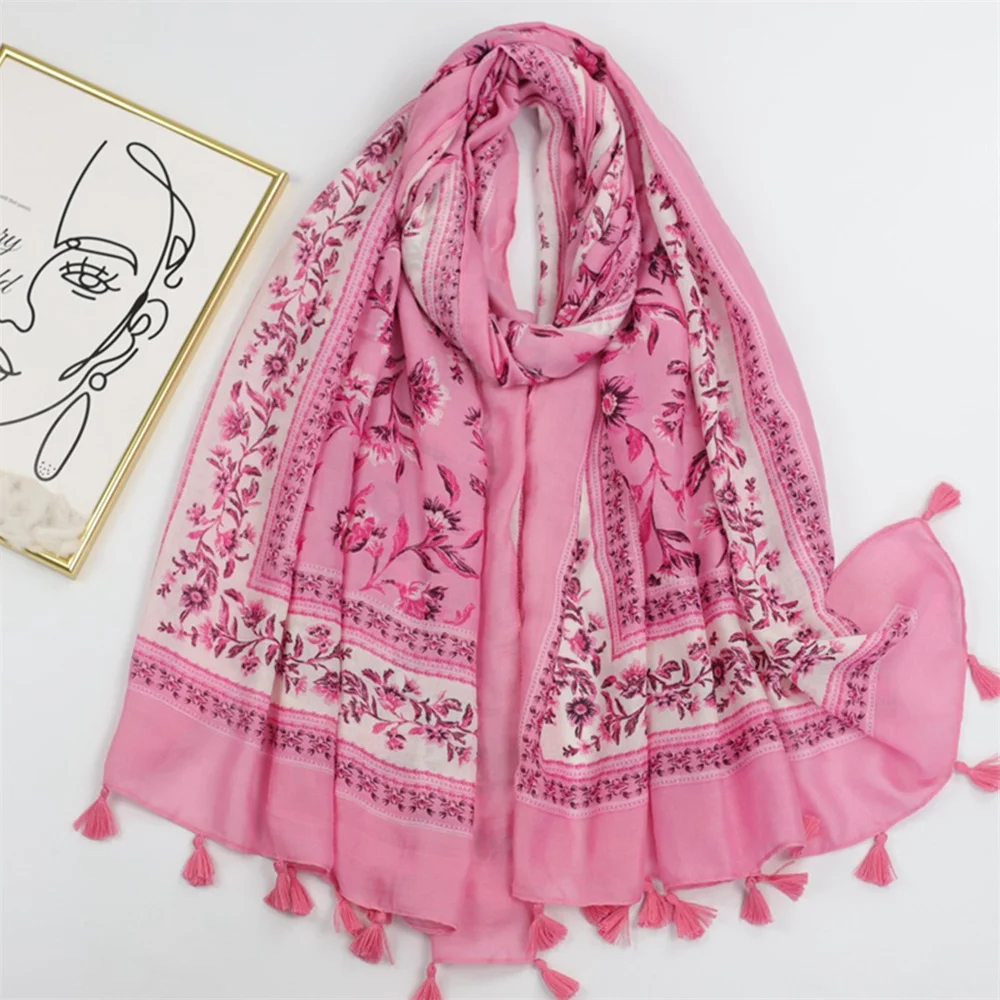 2023 Luxury Brand Cotton Viscose Scarf for Women Spain Lovely Floral Tassel Shawls and Wraps Echarpe Pashmina Bufandas 180*90Cm