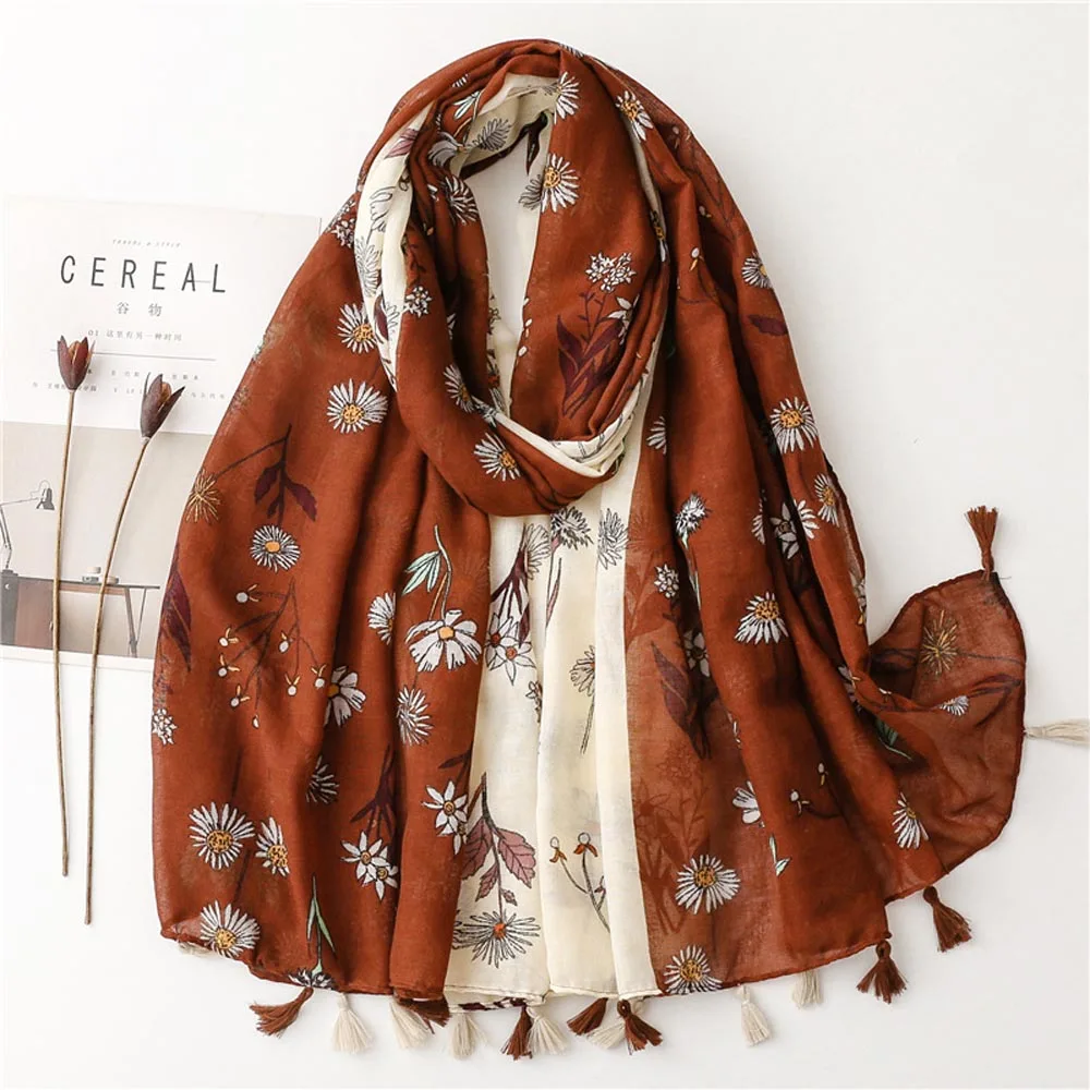 2023-women-small-sunflower-pattern-tassel-scarf-shawls-long-women-floral-print-head-wrap-hijab-scarves-free-shipping