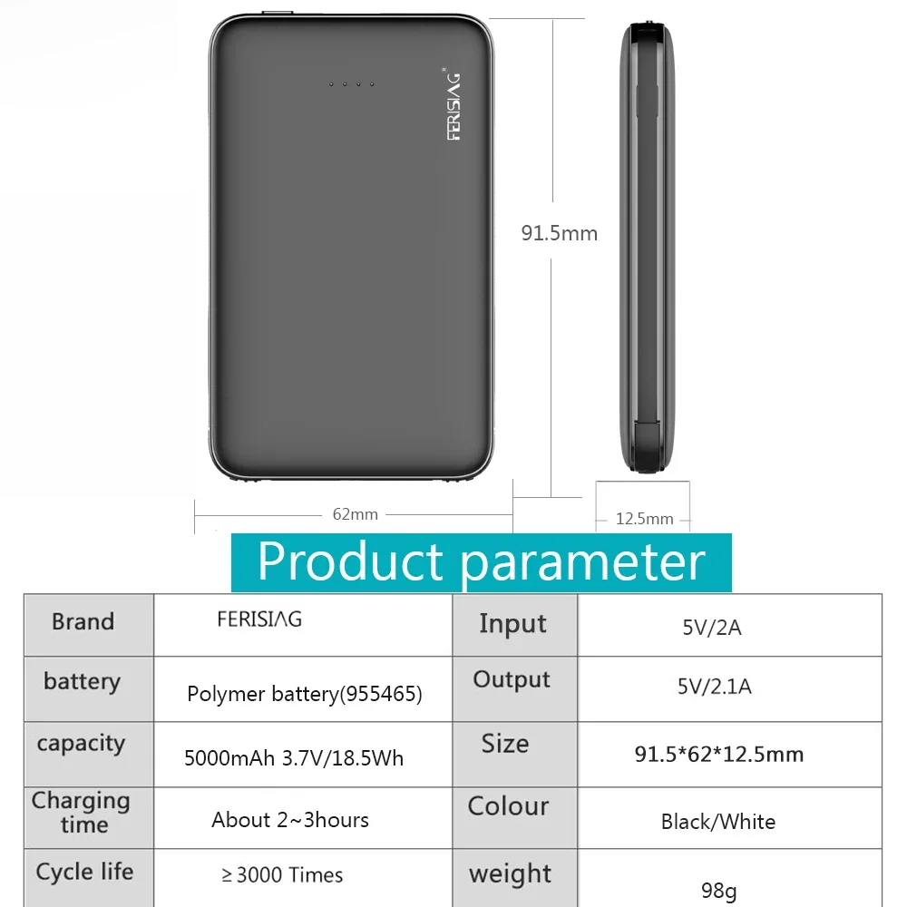 FERISING 5000mAh Power Bank USB Type C Mini Portable Charger External Battery Charging for Mobile Phone