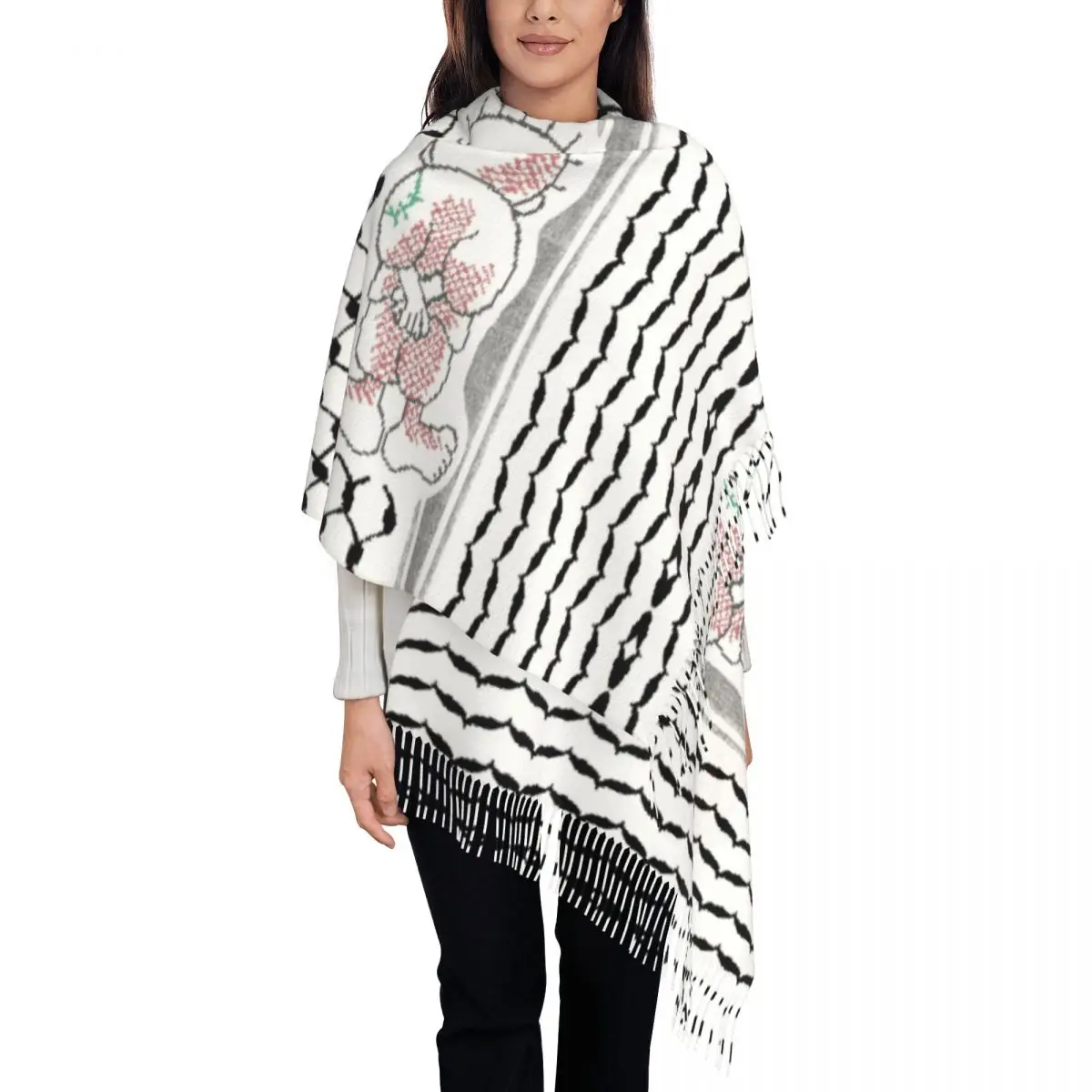 Palestinian Handalah Palestine Kufiya Pattern Tassel Scarf Women Soft