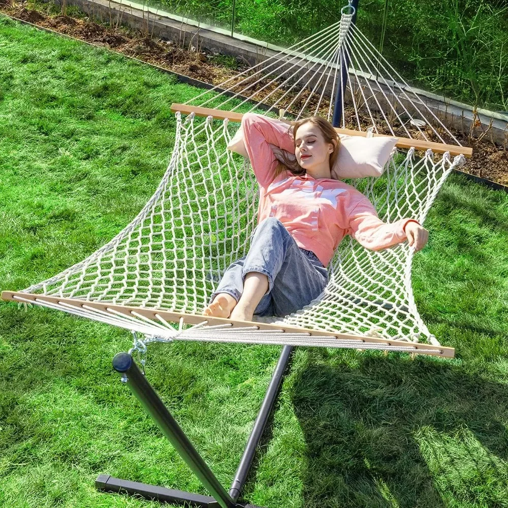 

Double Rope Hammock with Stand Included, 12ft Heavy Duty Stand, 2 Person Traditional Cotton Rope Hammocks with Pillow