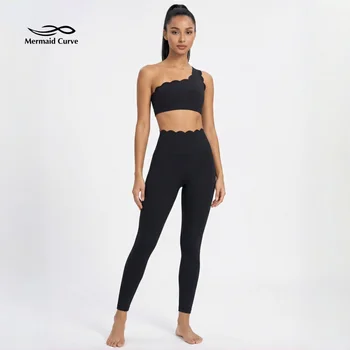 One Shoulder Scallop Edge Yoga Set Wireless Sports Bra & High Waist Leggings Seamless Tummy Control Activewear Women Gym Outfit