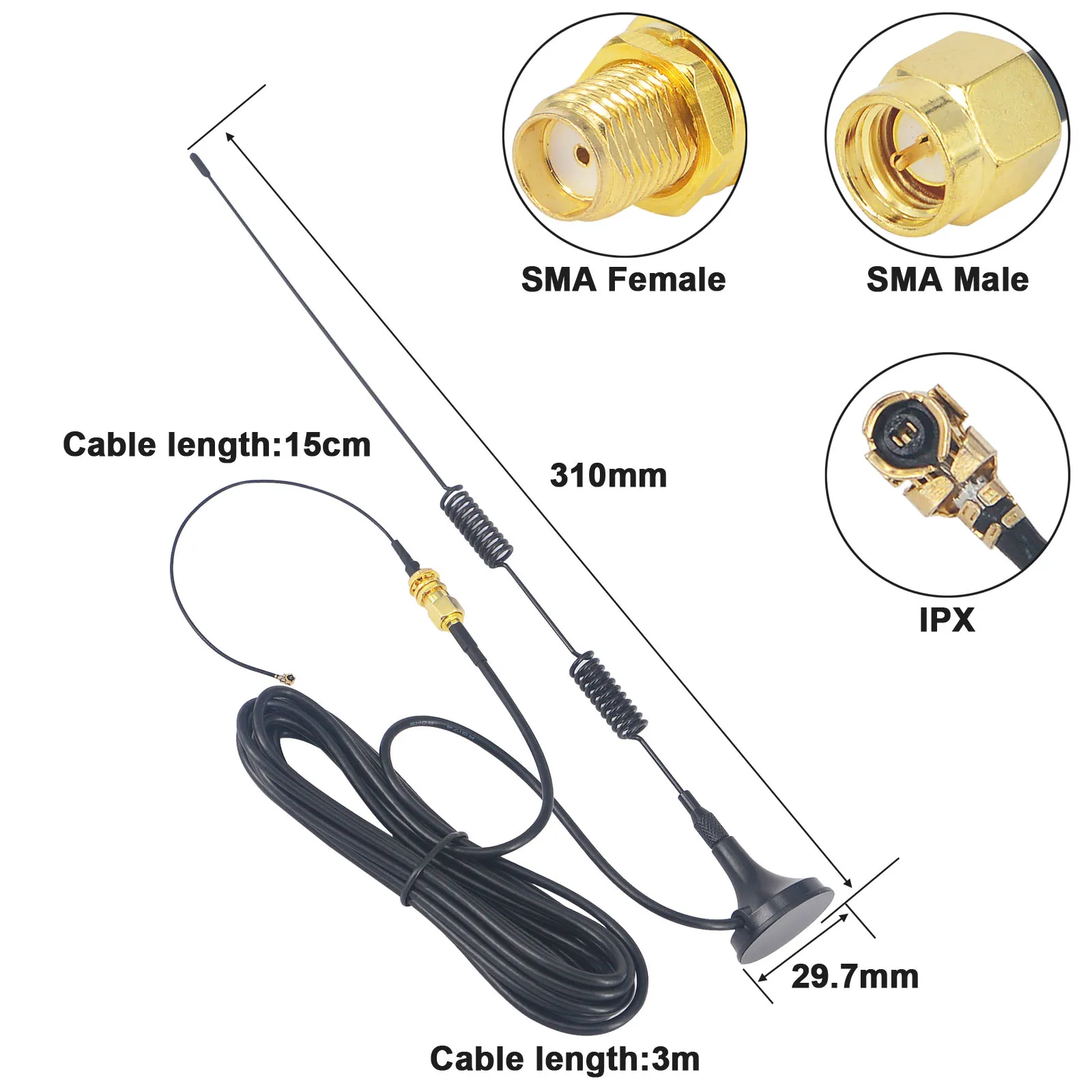 4G LTE Antenna 698-960/1700-2700MHz 5dbi SMA Male Magnetic Base RG174 3M Cable + SMA female to IPX 1.13 Pigtail Cord 15CM