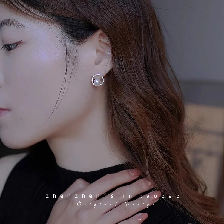 Light luxury 925 silver needle 6A strong light natural flat round freshwater pearl earrings for women