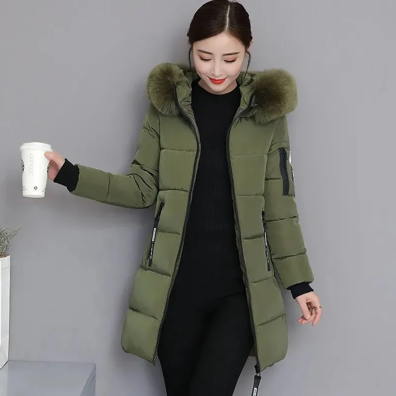 

2023 Winter Jacket Hooded Fur Collar Women Parkas Outwear High Quality Parkas Female Slim Paddinh Parka Women Mid-Long Coats