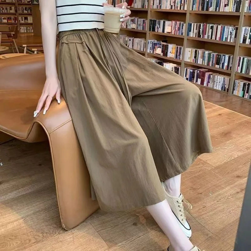 Women's Clothing Spring Summer Solid Color Elastic High Waisted Pockets Drawstring Shirring Casual Chiffon Preppy Style Pants