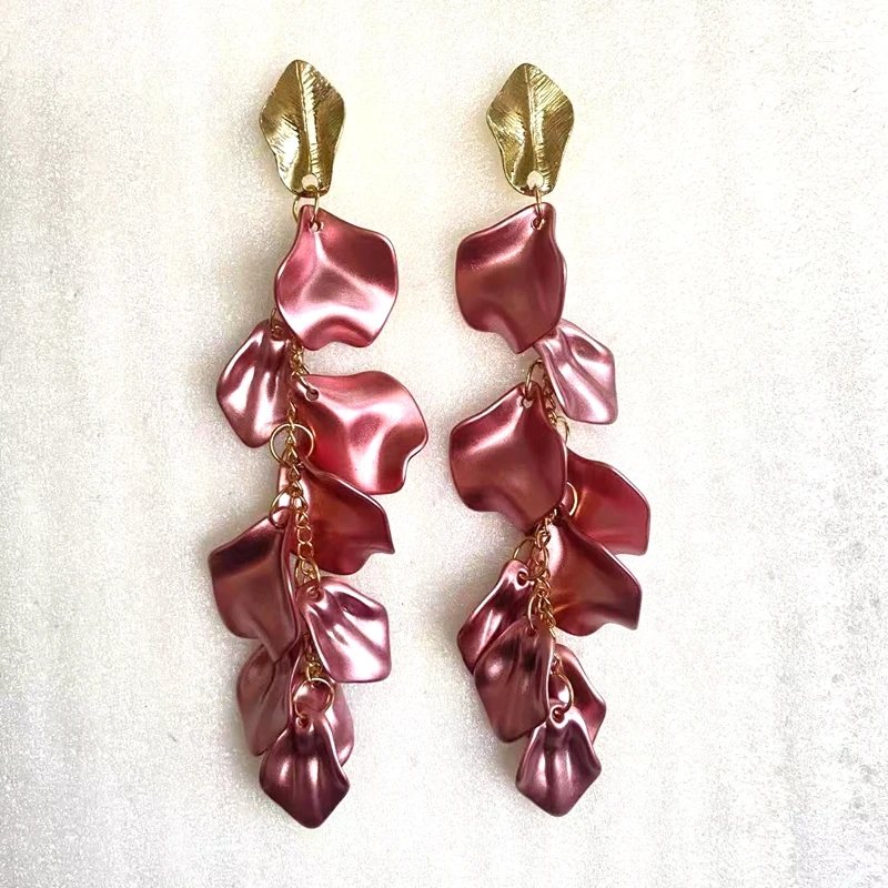 Gold Metal Leaf Acrylic Petal Tassel Earrings - Bold Floral Statement in Rose, Pink, and Orange