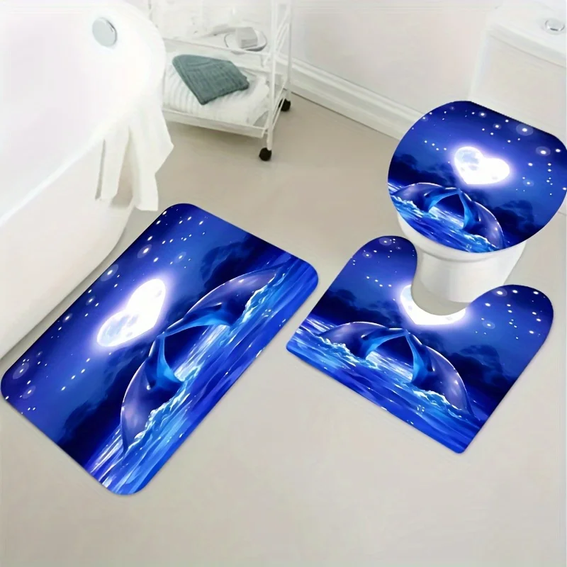 Romantic Dolphin Heart Ocean Theme Bathroom Set - Waterproof Shower Curtain, Toilet Lid Cover, Bath Mat, and Contour Mat 6