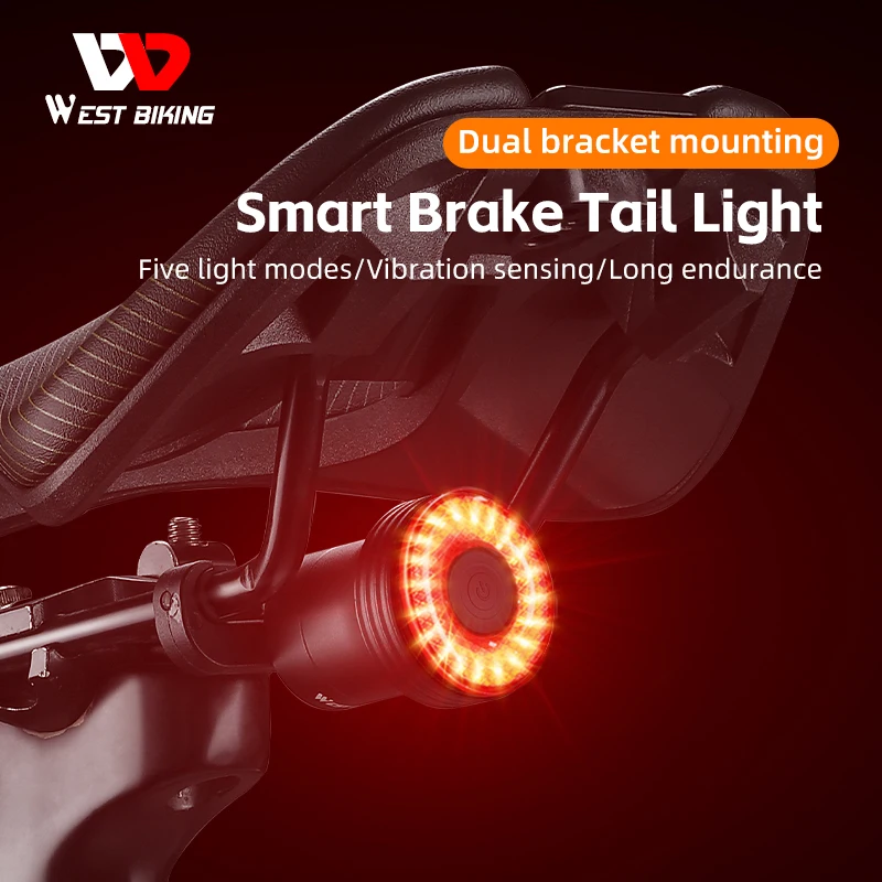 

WEST BIKING Bicycle Taillight Smart Auto Brake Sensing Lamp Alumimum Alloy IPX6 Waterproof Rechargable Cycling Safety Rear Light