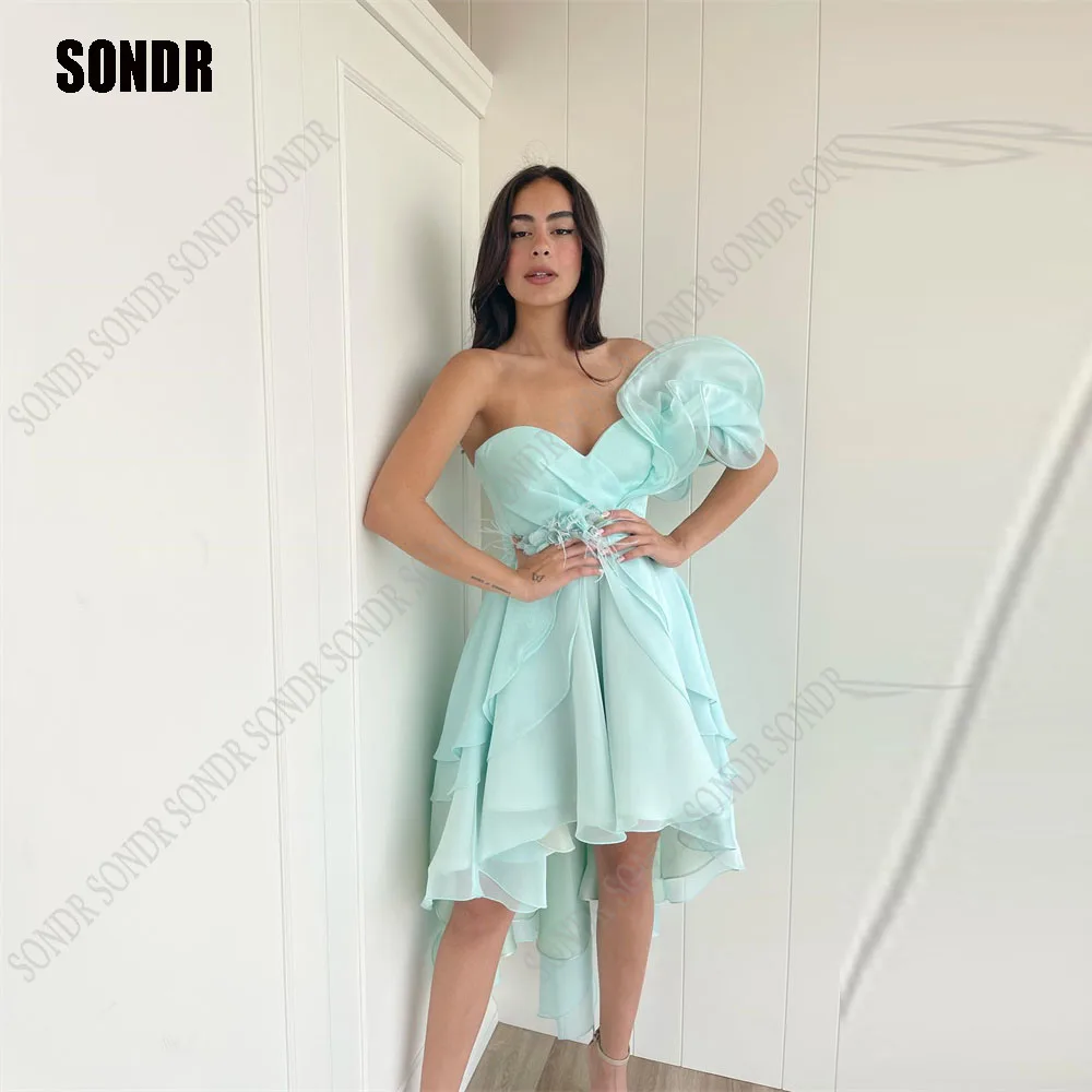 

SONDR Light Green One Shoulder Layers Cocktail Night Prom Dresses Feather Short A-Line Evening Dress Wedding Party Gown 2024