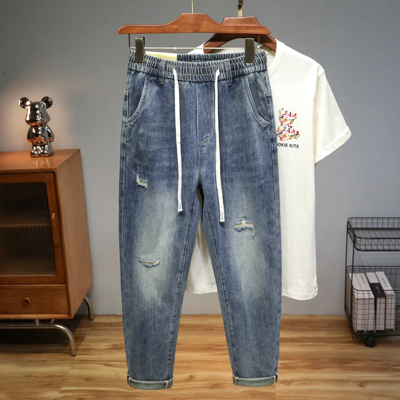 2024 Spring and Summer Retro Blue Stretch Jeans Men's Fashionable Elastic Waist Scratch Trendy All-Match Loose Trousers