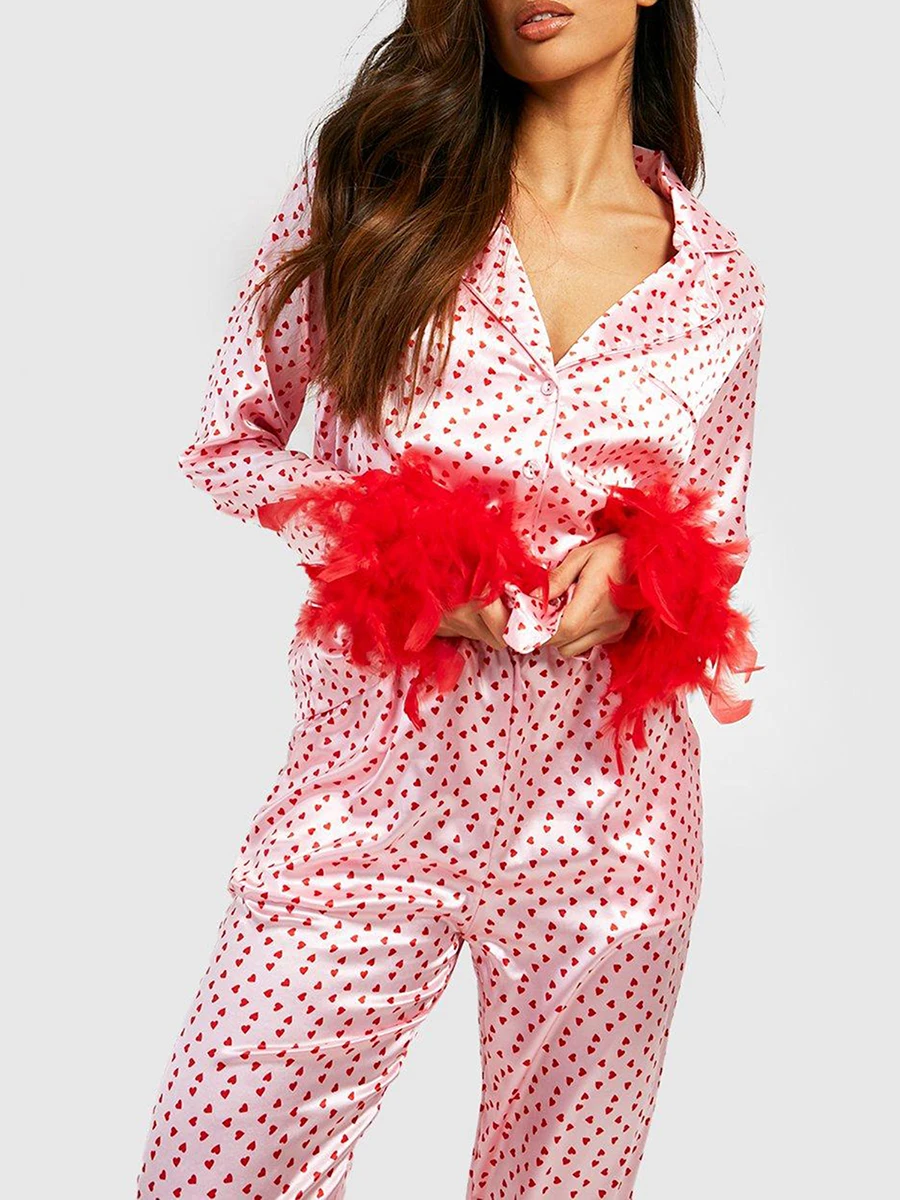 

Women s Pajamas with Pink Feathers Satin Loungewear Set Heart Print Feather Cuff Long Sleeve Tops Long Pants Sleepwear