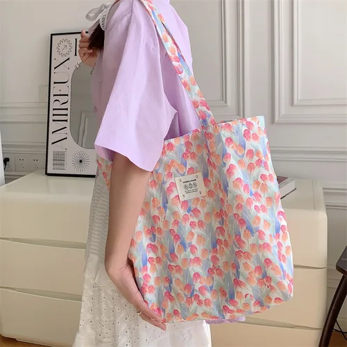 여성용 꽃무늬 캔버스 토트백, 대용량 프린트 숄더백, 쇼핑백, 여성 패션, 캐주얼 오픈 핸드백 3