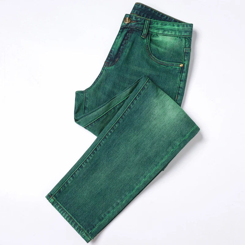 High End Light Luxury Printed New Emerald Green Jeans Men Slim Fit