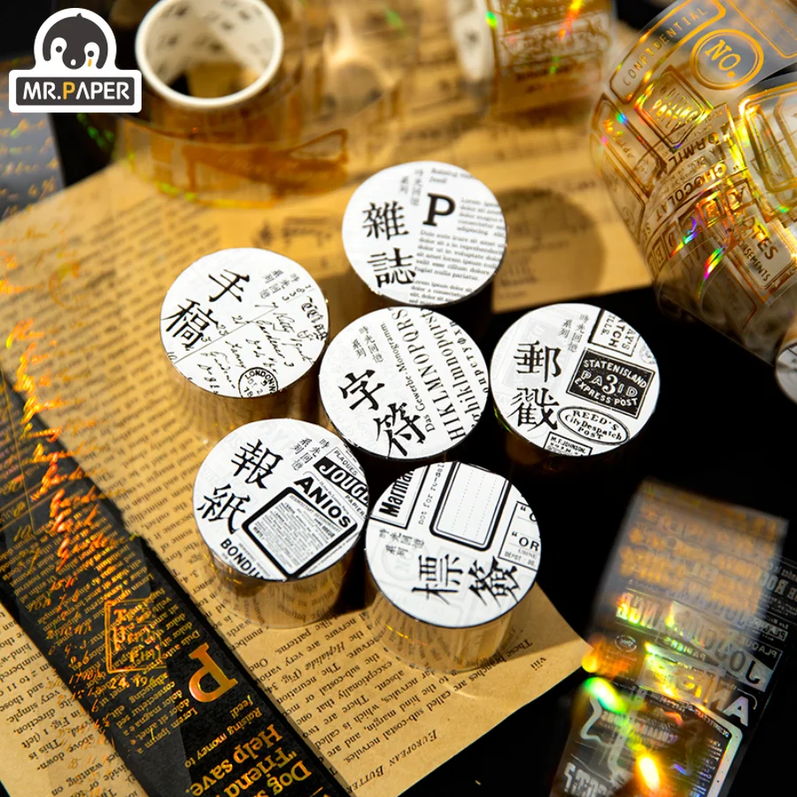 

Mr.Paper 6 Design PET Tape Vintage Stickers Hot Stamping English Label Postmark Handbook DIY Decorative Japanese Stationery