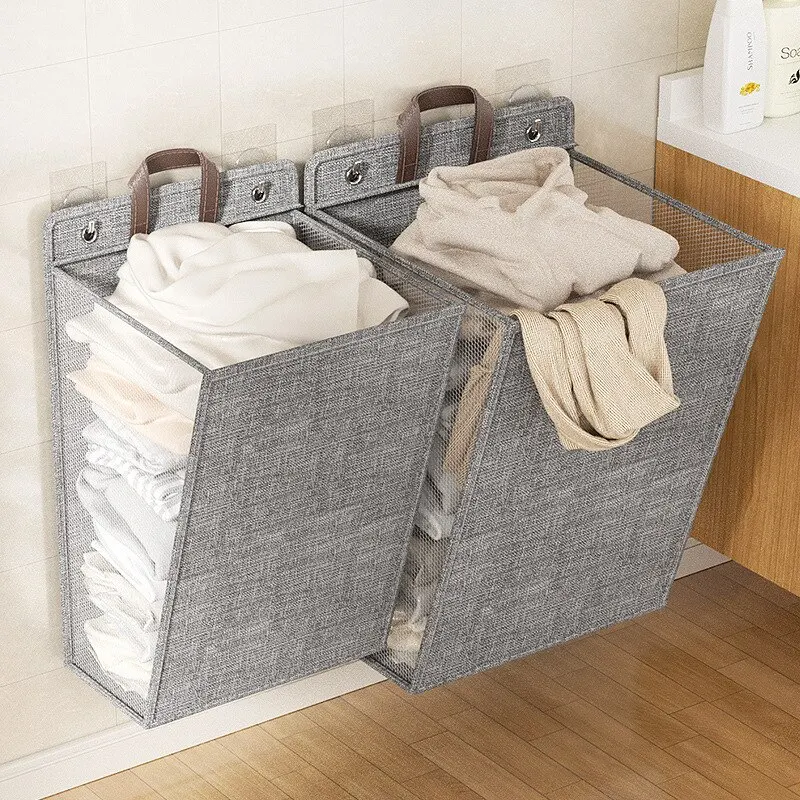 1pc Foldable Adhesive Laundry Basket Hamper, Washing Clothes Mesh Hook Organizer 1