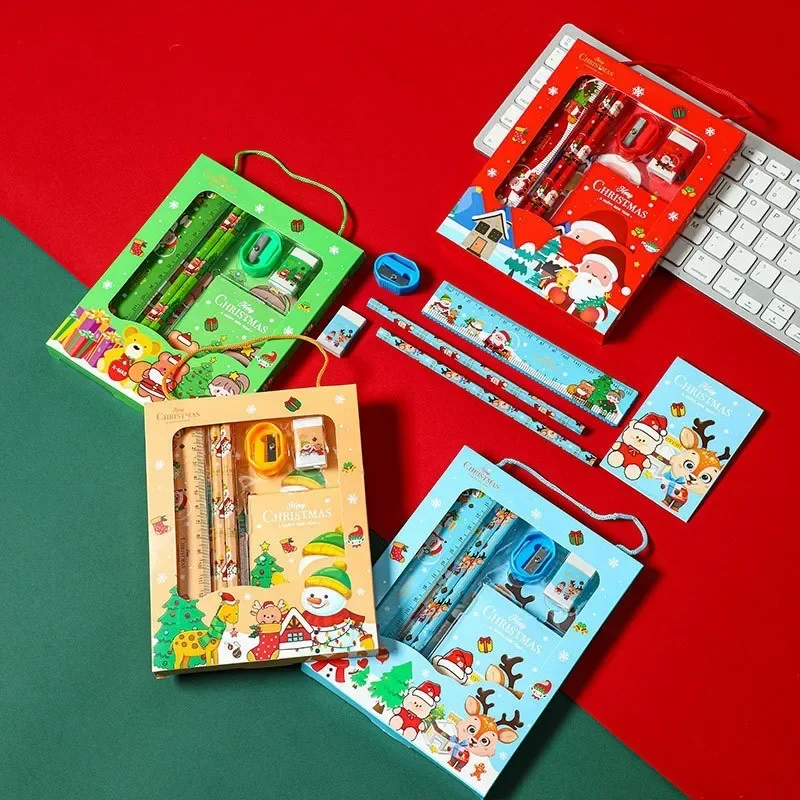 Christmas Stationery-Set Kids Cartoon Pencils Eraser Ruler Memo Pads Pencil Knife Set 6pcs School Supplies